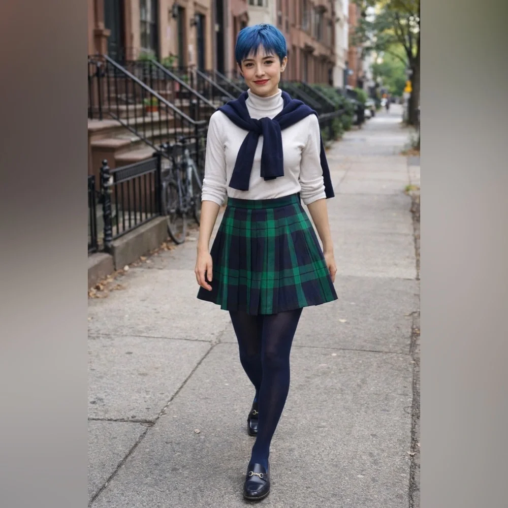 Aerie Green Navy Plaid Pleated Mini Skirt Small